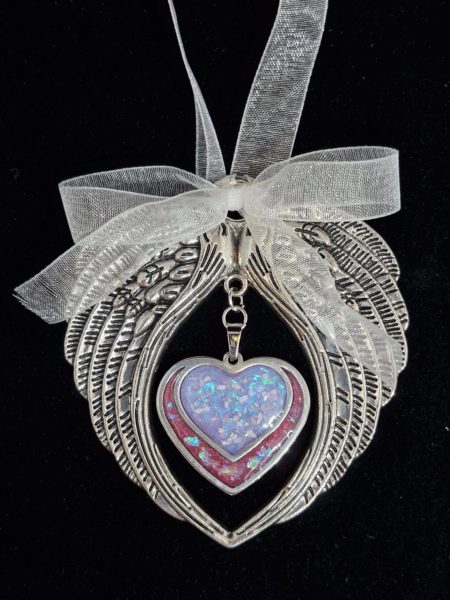 Double heart angel wing hanging christmas decoration with cremation ashes