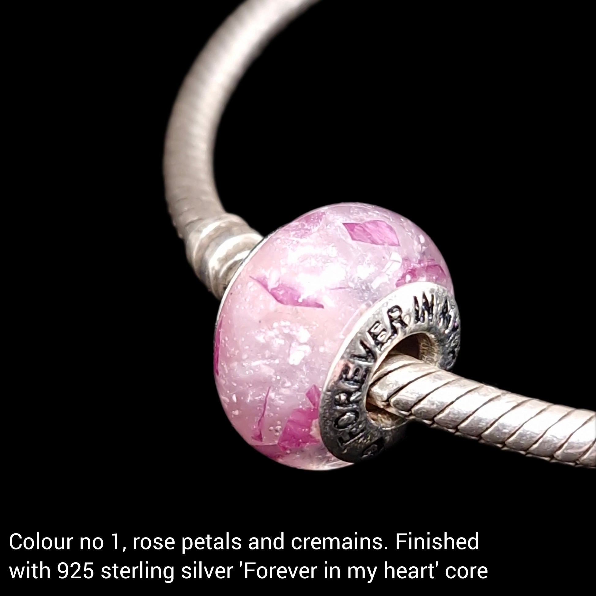 Cremation ashes bead containing cremation ashes, rose petals and colour n0 1 with forever in my heart core