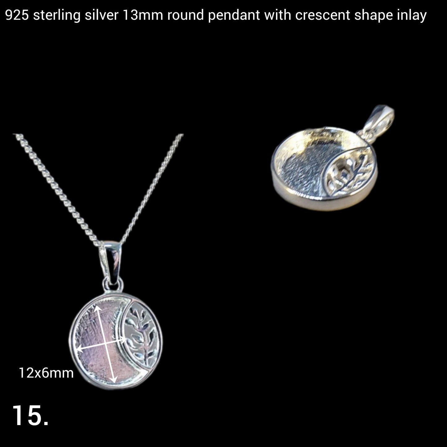 925 sterling silver round pendant with crescent shape inlay for breastmilk and cremation ashes