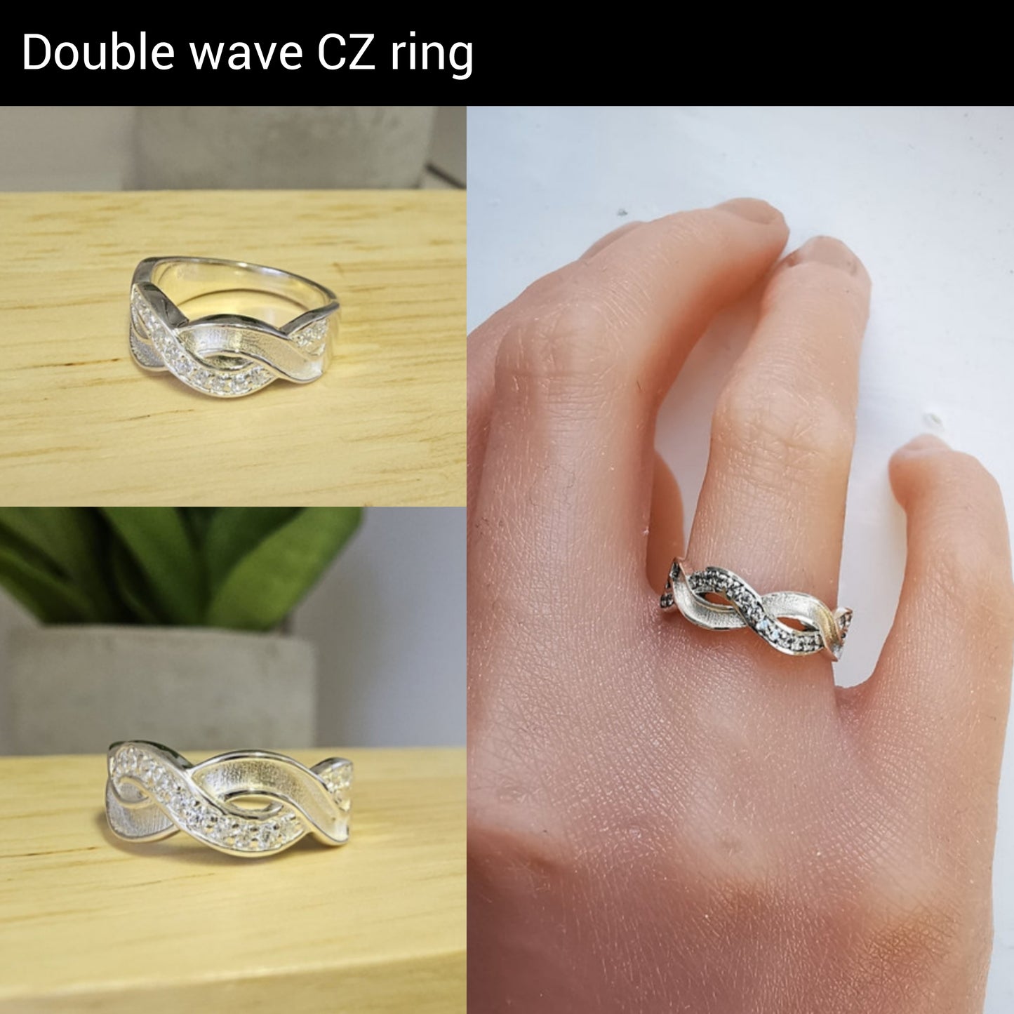 925 sterling silver double wave with CZ detail ring