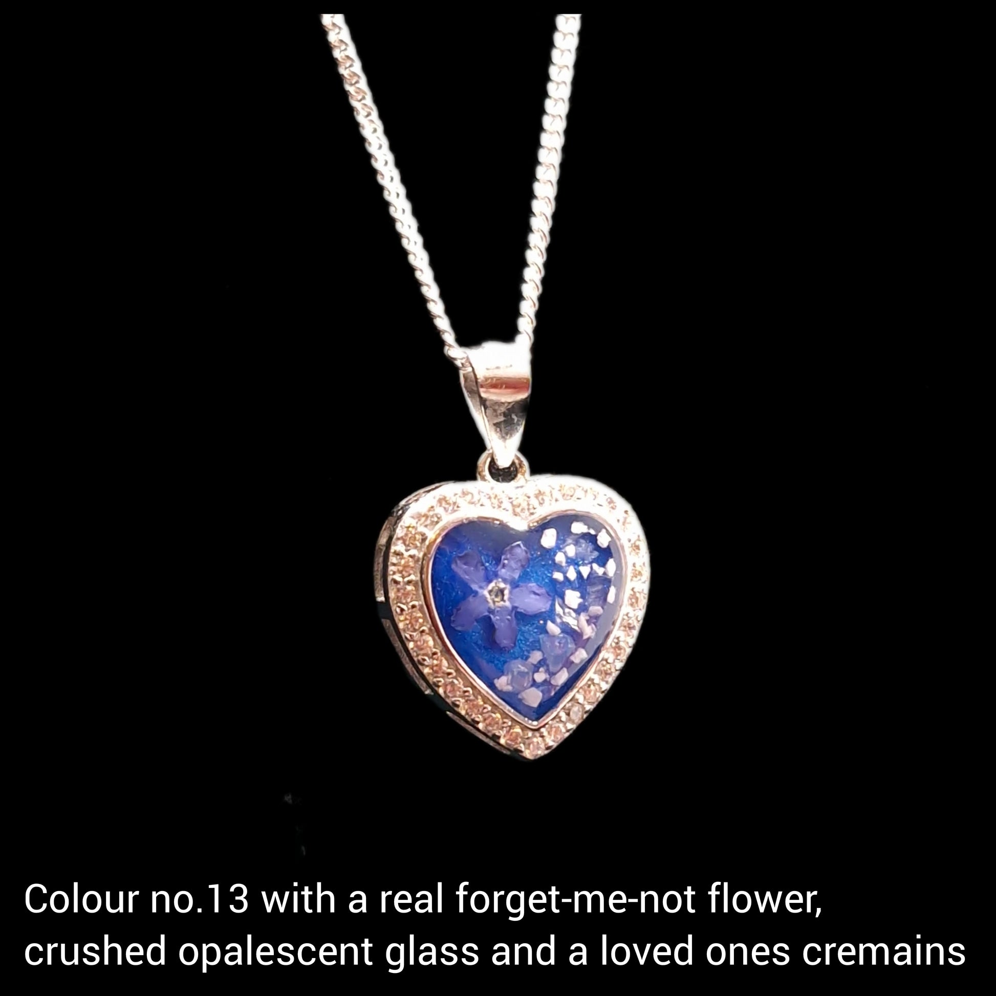 Cremation ashes heart necklace with a real forget-me-not 