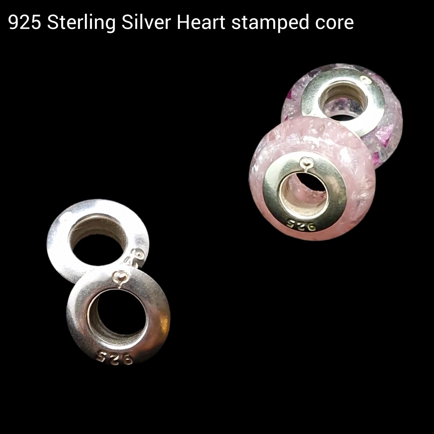 925 sterling silver heart stamped bead core