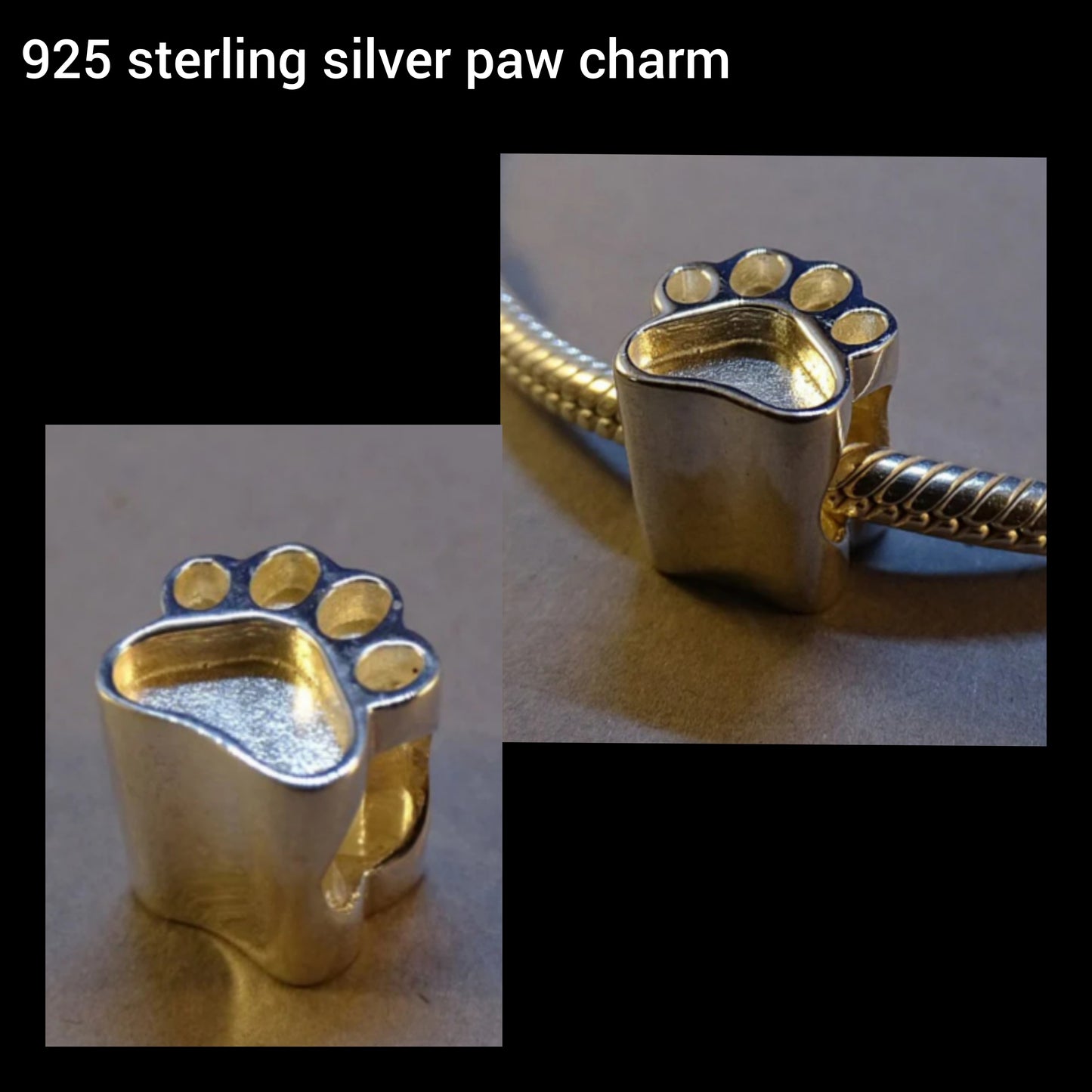 Silver paw print cremation ashes bracelet charm