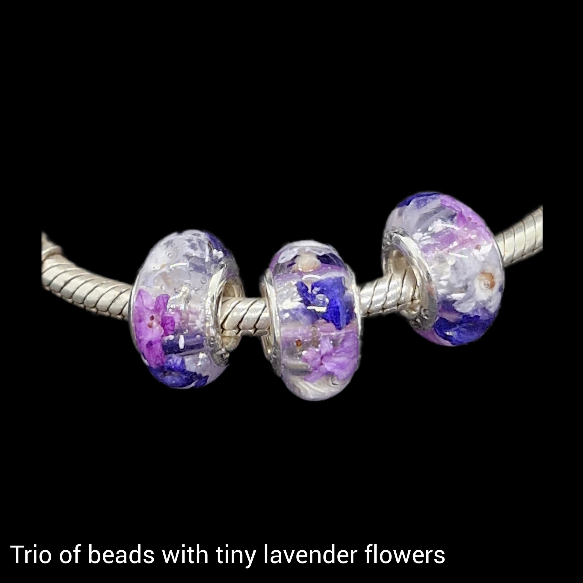 Trio of beads with tiny lavender flowers